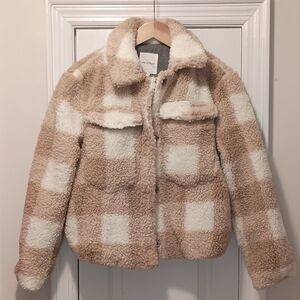 Avec Les Filles Cream Tan Checkered Teddy Bear jacket Small